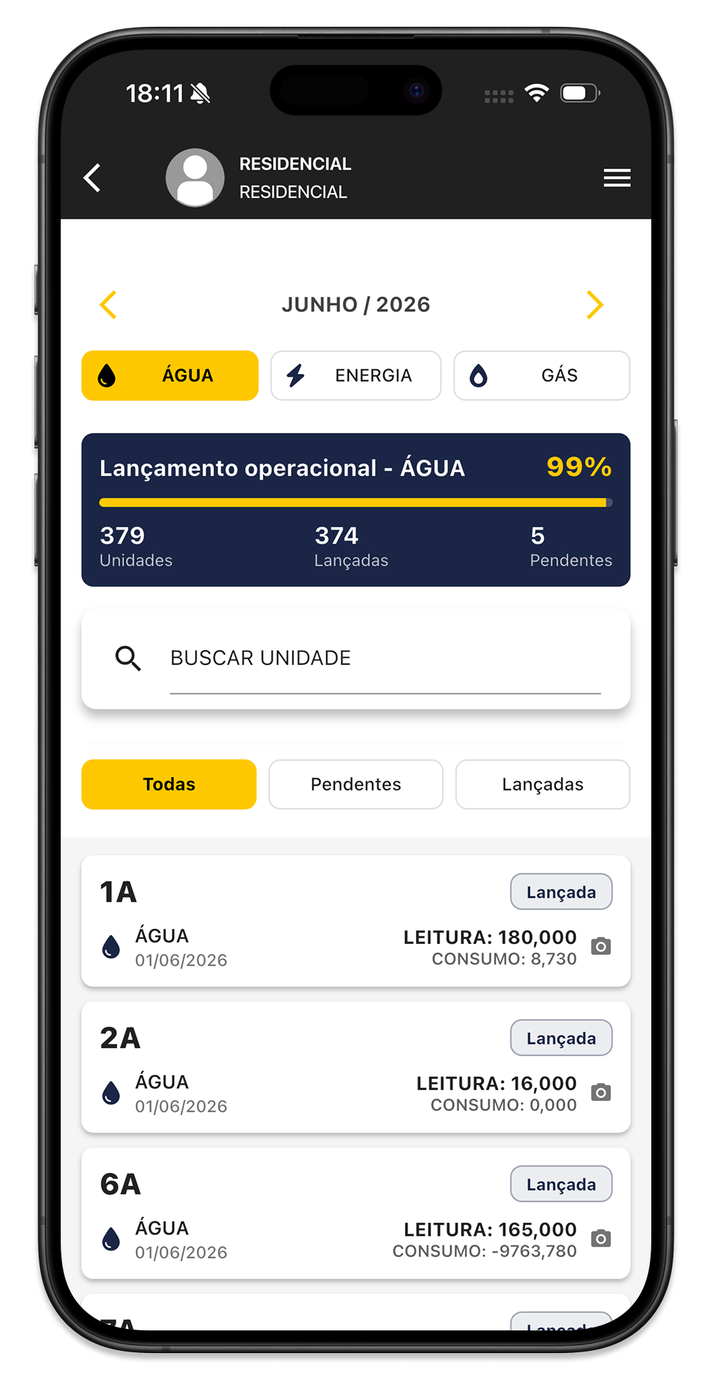 Tela de consumo com data, hora e consumo do mês