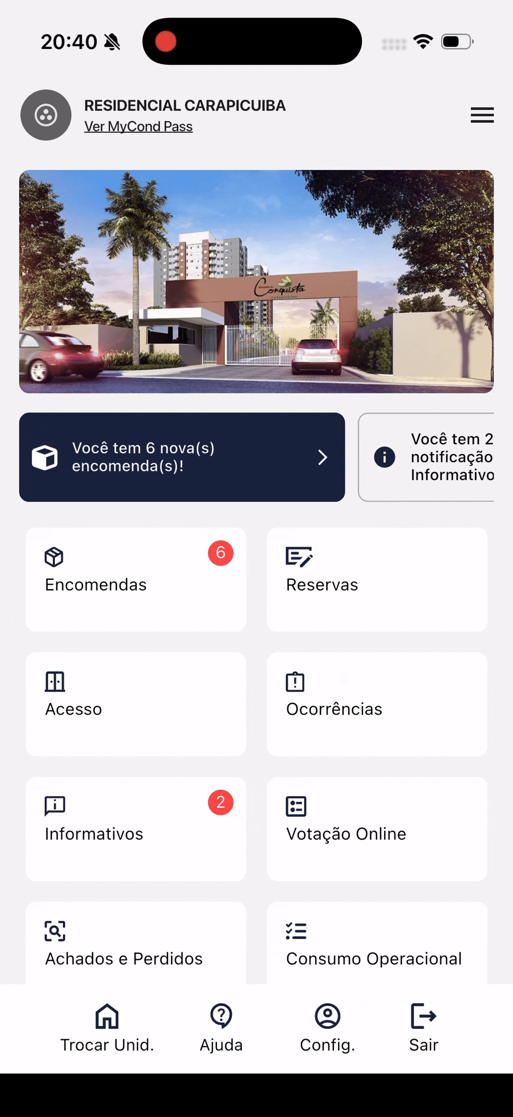 Home do MyCond sendo reorganizada arrastando os módulos