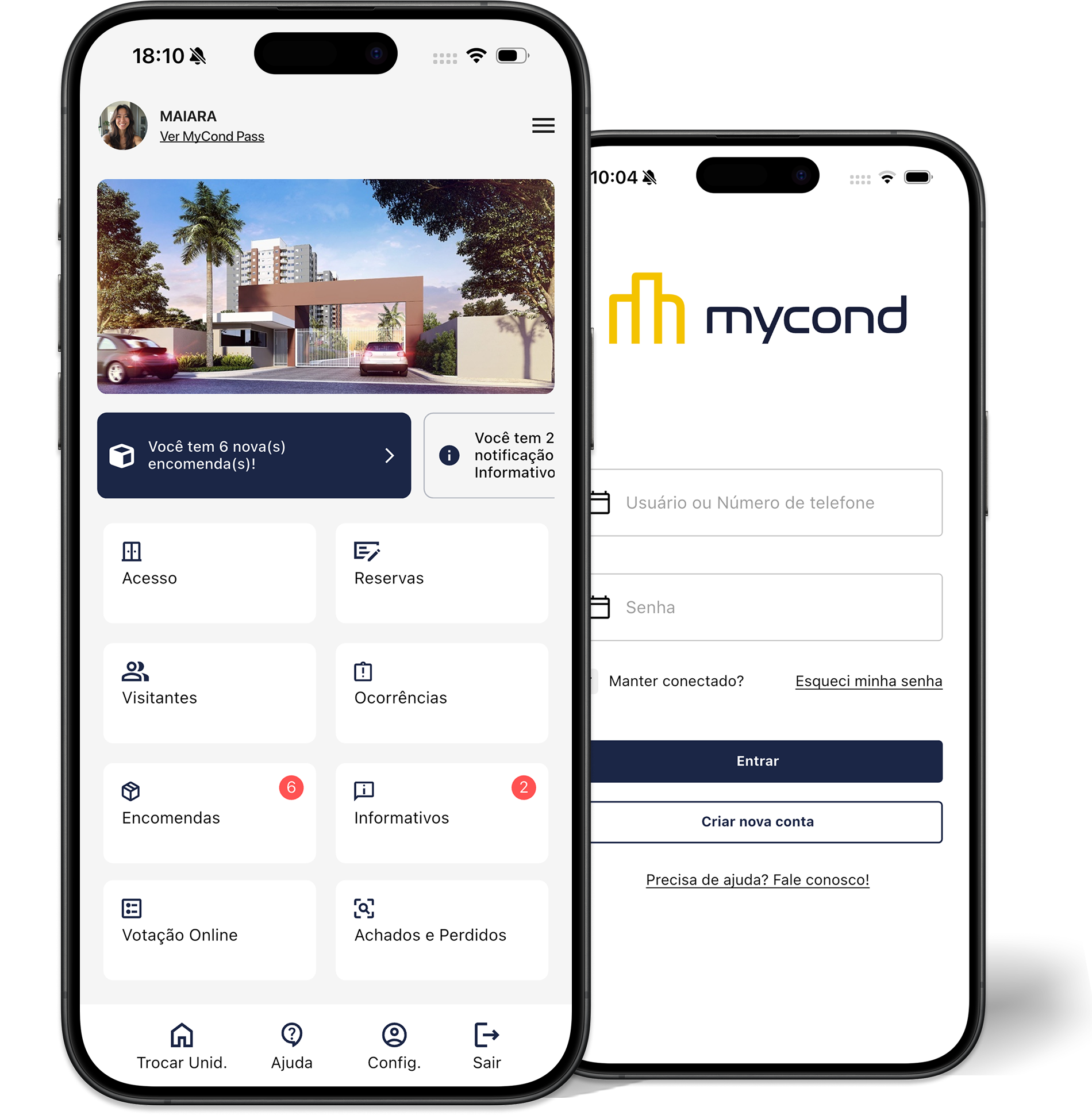 Novo app MyCond — telas Home e Login