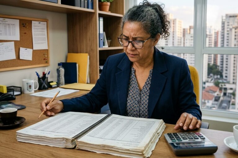 Síndica revisando a planilha de orçamento do condomínio com calculadora, com prédios residenciais ao fundo