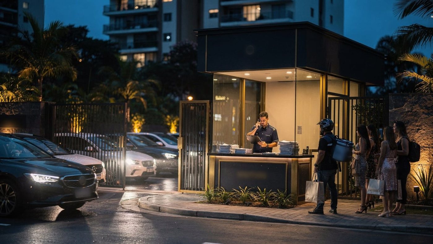 Fila de carros e de gente no portão do condomínio